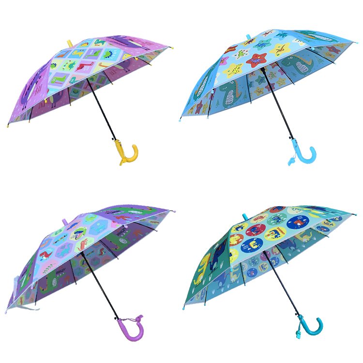YS-6016 New Design Kids Umbrella Match color Handle And Tips Custom Cartoon Printing Straight POE Children Umbrella With Whistle