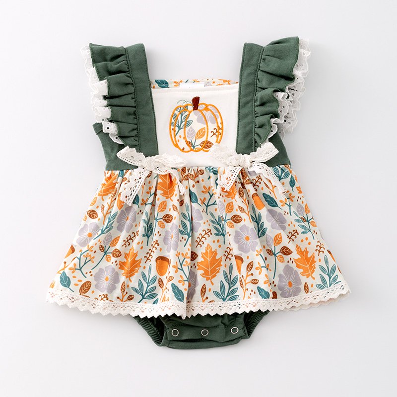 In Stock Kids Smocked Clothing Infant Baby Toddler Halloween Girls Boys Sibling Matching Pumpkin Embroidered Dress Outfit Romper
