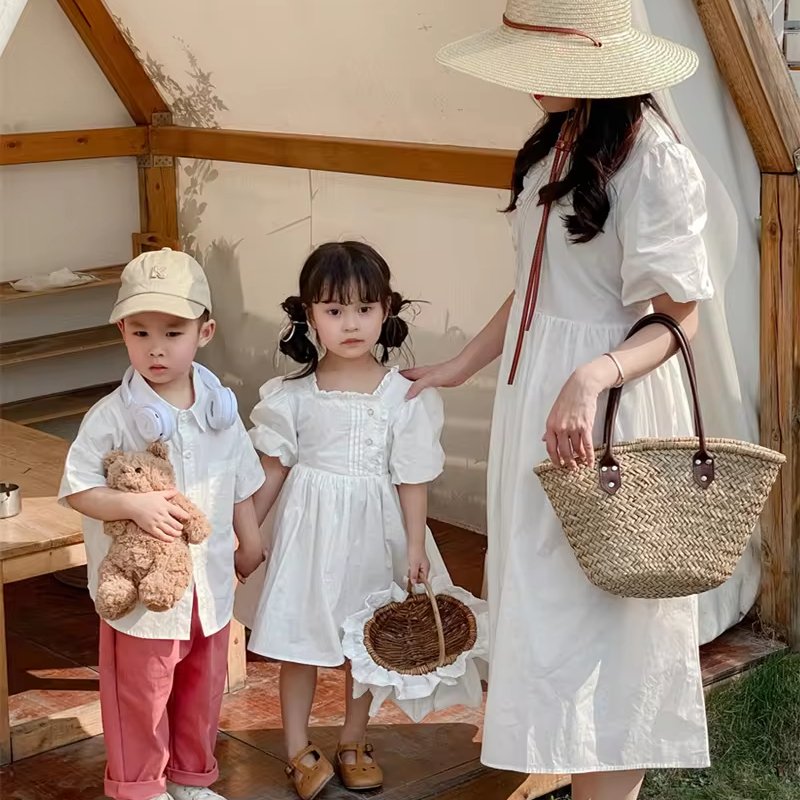Summer Fashion Solid 100% Cotton Dress Mommy And Daughter Matching Outfit Dress And Kid Shirt Family Clothes Private Logo