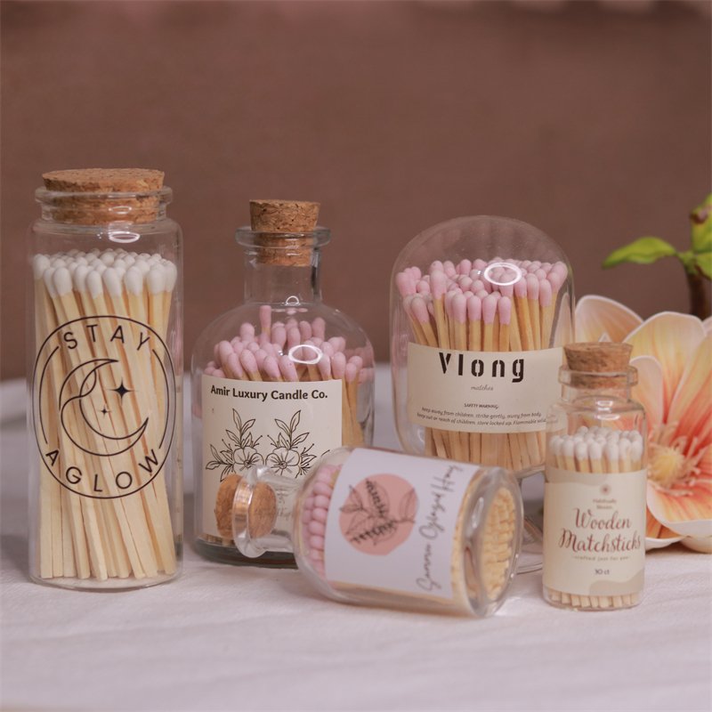 RSP Factory wholesale customize logo glass bottle matches for safety candle match in glass jar windproof outdoor safety matches