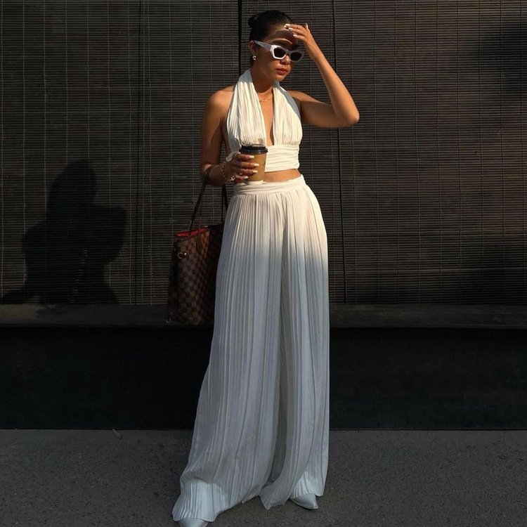 Enyami Minimalist Plisse Halter Tops High Waist Plazzo Pants Lady Fashion White Pleated Trouser Suits Matching Sets