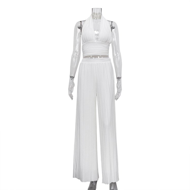 Enyami Minimalist Plisse Halter Tops High Waist Plazzo Pants Lady Fashion White Pleated Trouser Suits Matching Sets