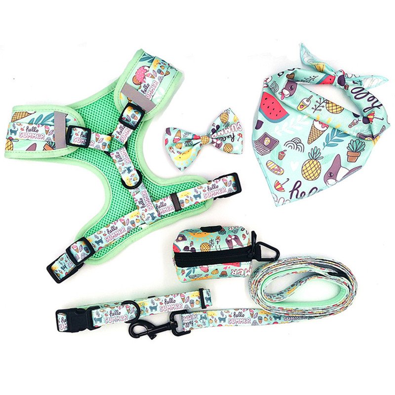 New selling 6 in 1 Reversible Neoprene Dog Harness, Adjustable Dog vest matching dog Collar Leash Bow Tie and Bandanas