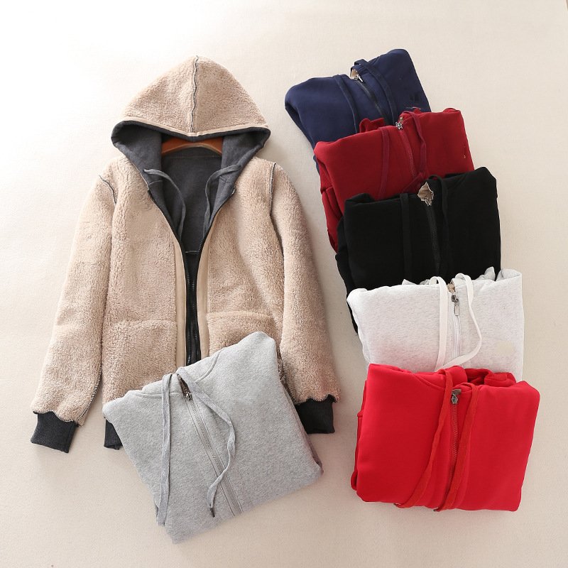 all-match casual loose girls hoodies sherpa lined thicken sweatshirts zip up plain warm windproof coat