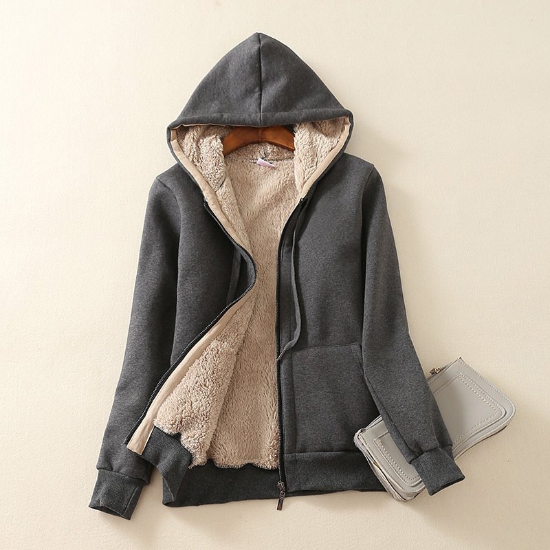 all-match casual loose girls hoodies sherpa lined thicken sweatshirts zip up plain warm windproof coat