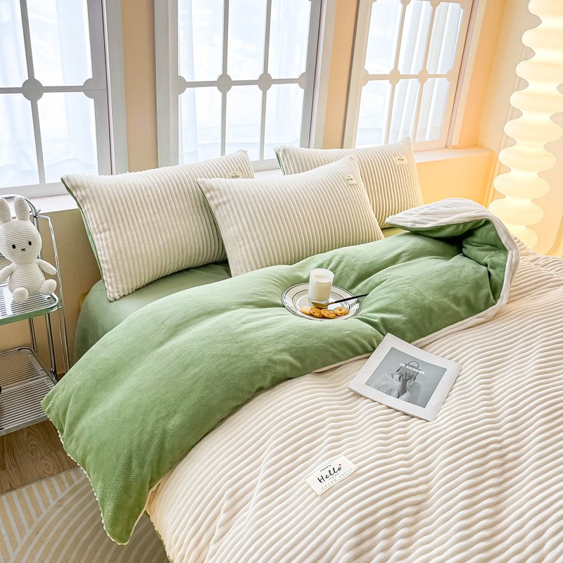Winter Striped Solid Color Comforter Pillow Cover Plush Bed Fitted Sheet Double Sided Thick Fleece Duvet Cover