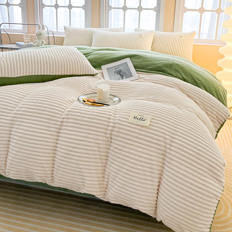 Winter Striped Solid Color Comforter Pillow Cover Plush Bed Fitted Sheet Double Sided Thick Fleece Duvet Cover