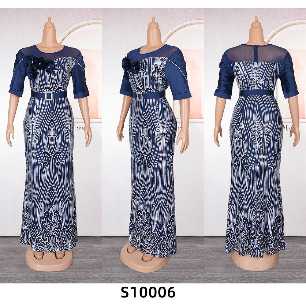Latest Turkey Luxury Party Banquet Dress Matching Lace Round Neck Premium Sequin Dresses For Women K0583