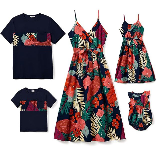 Family Matching Outfits Mommy and Me Dresses Hawaiian Vacation Tropical Print Spaghetti Strap Dress and Shirt Set