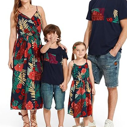 Family Matching Outfits Mommy and Me Dresses Hawaiian Vacation Tropical Print Spaghetti Strap Dress and Shirt Set