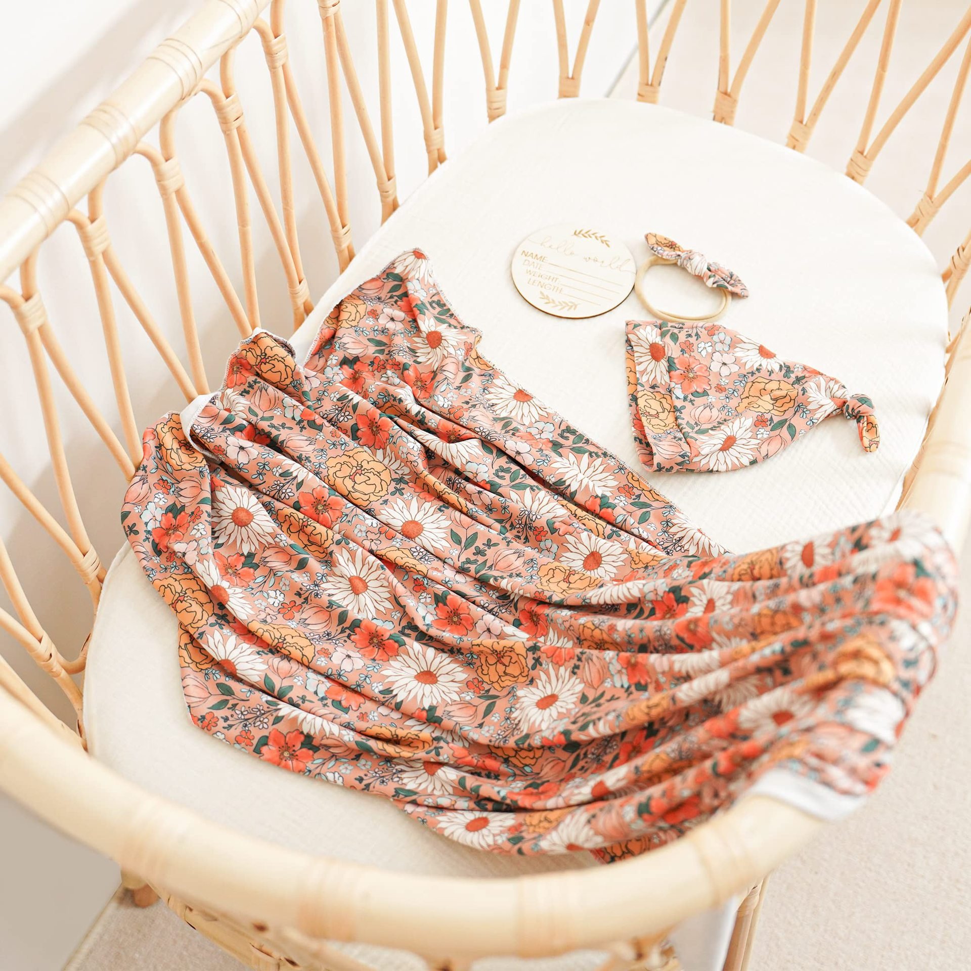 Baby Swaddle Floral Print Swaddle Wrap Baby Newborn Receiving Blanket with Matching Headband and Beanie Set