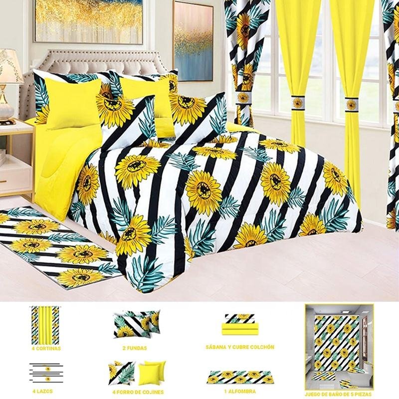 3d Printed Floral Bedspread curtain bedding set With Curtains Fabric 12pcs Queen Size Bed Sheet Set With Curtains And Pillow