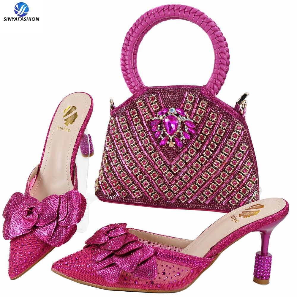 Sinya New Product Luxury Royal Blue Italian Ladies Matching Crystal Stones Shoes And Bags Set For African Women