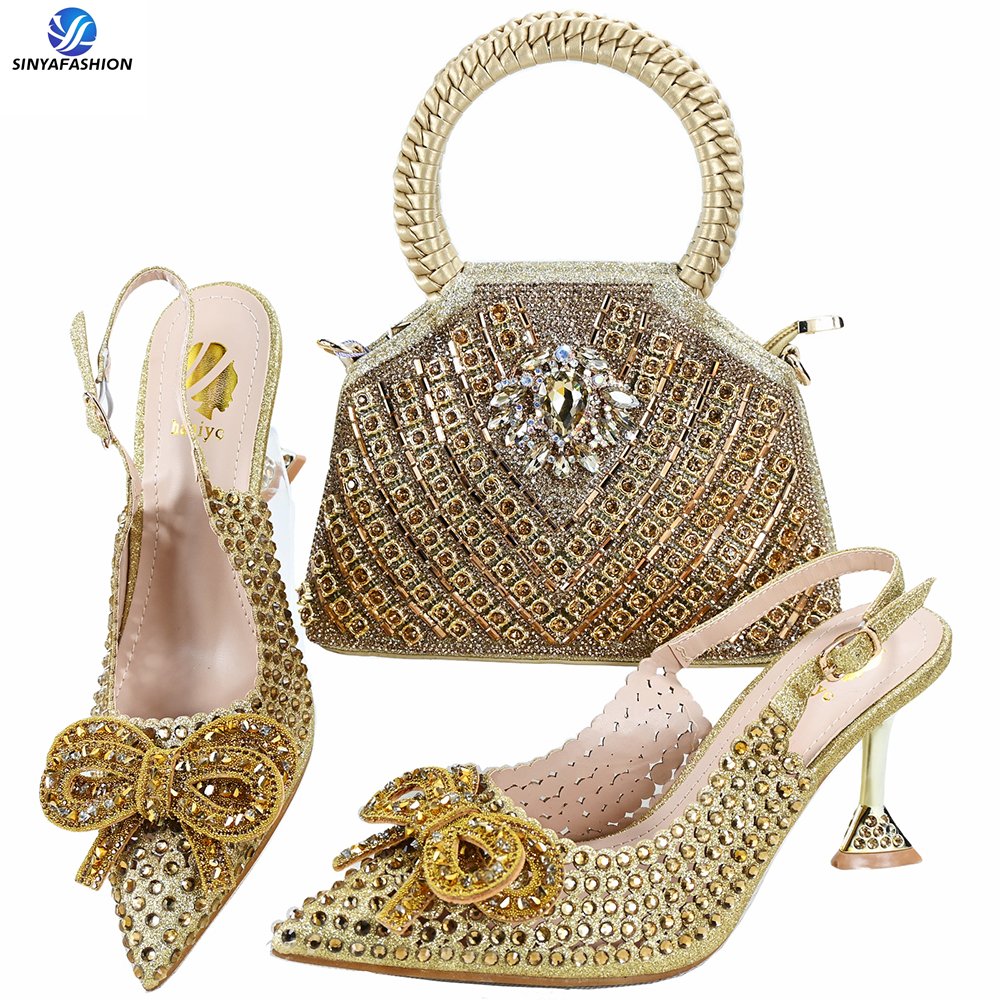 Sinya New Product Luxury Royal Blue Italian Ladies Matching Crystal Stones Shoes And Bags Set For African Women