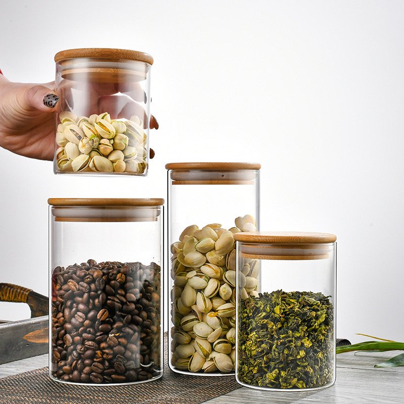 Free match full sizes High borosilicate Glass air tight glass storage jar with bamboo lid 750ml