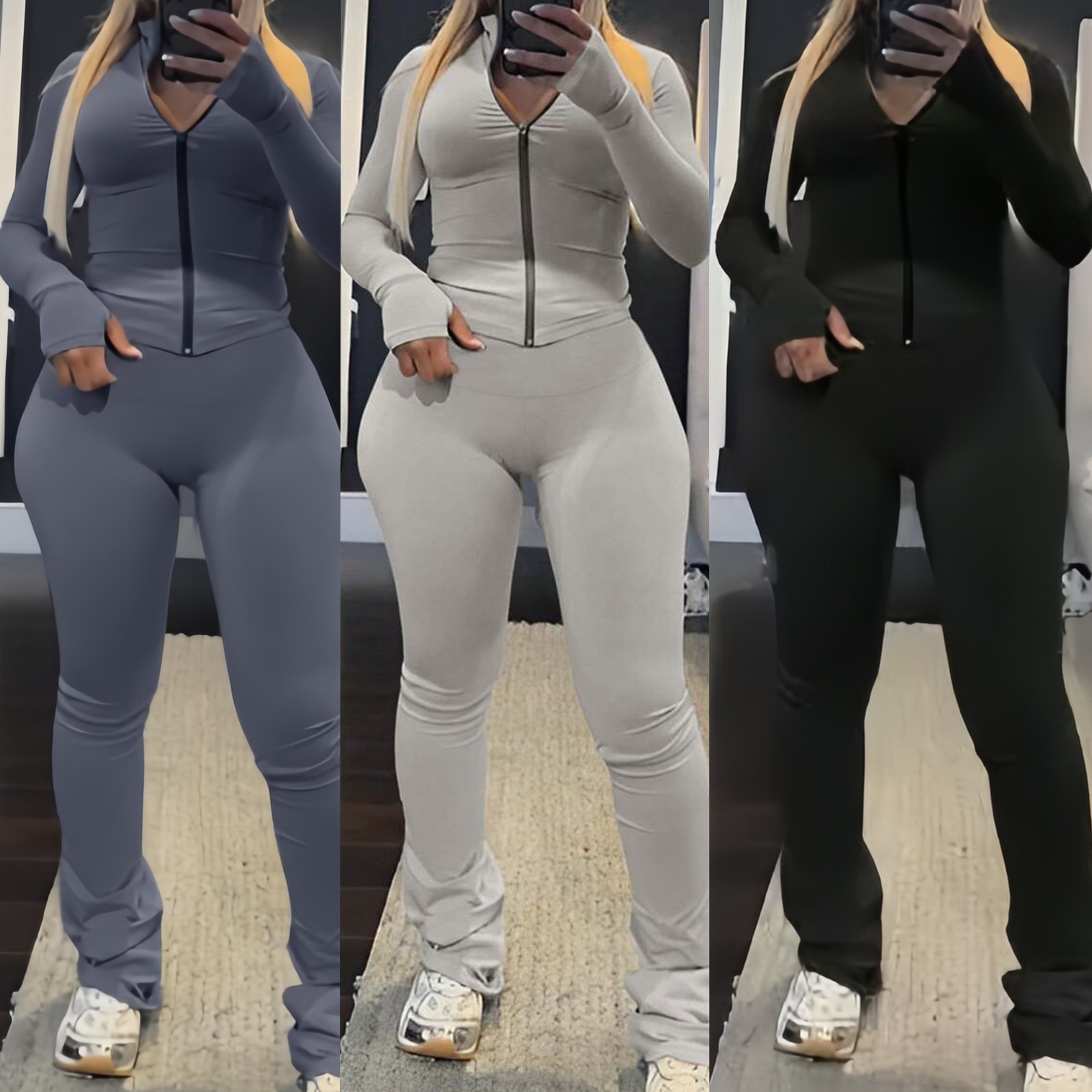 X16549C Casual Sporty 2 Piece Sets Women Cardigan Zip Hoodie+Stacked trousers Matching Autumn Fitness Tracksuits