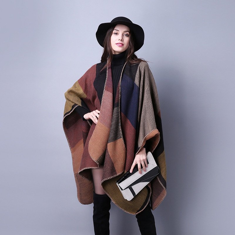 Women's Fall Winter Square Wool Scarf Ethnic Imitation Cashmere Travel Shawl Easy Match Plaid Slit Thickened Cloak Fashionexport