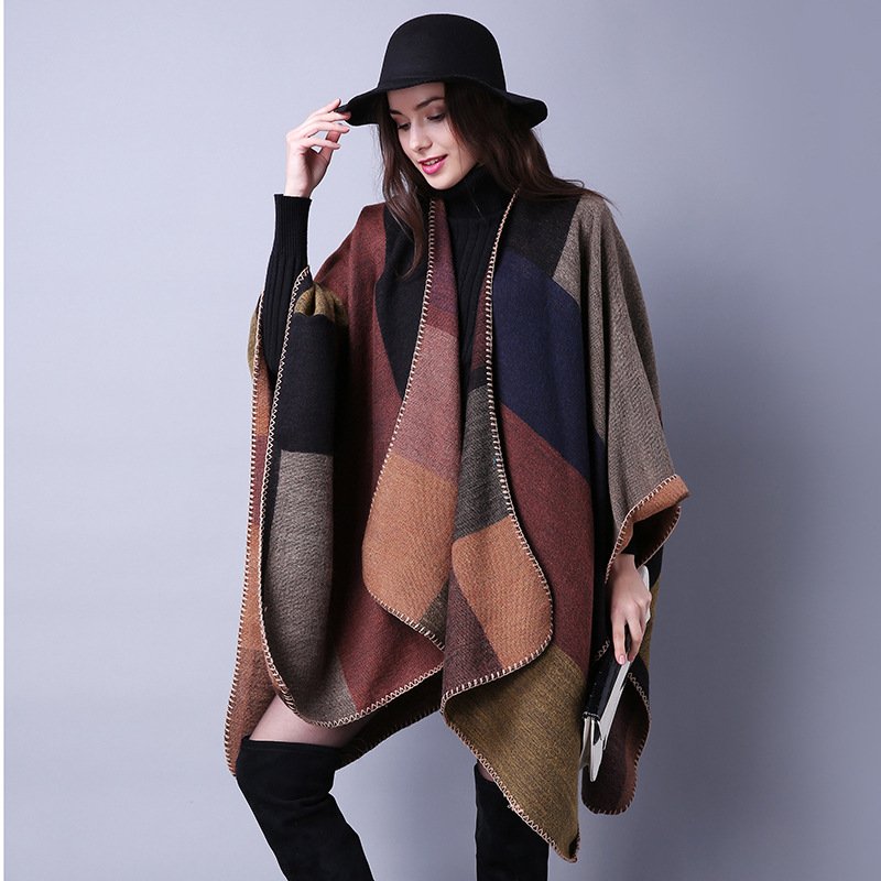 Women's Fall Winter Square Wool Scarf Ethnic Imitation Cashmere Travel Shawl Easy Match Plaid Slit Thickened Cloak Fashionexport
