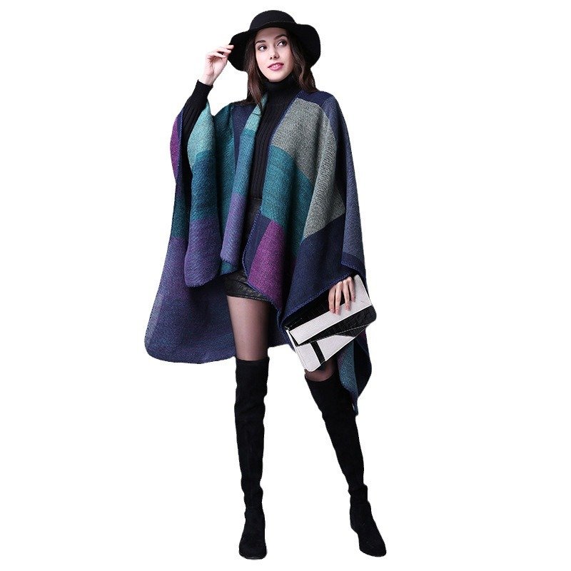 Women's Fall Winter Square Wool Scarf Ethnic Imitation Cashmere Travel Shawl Easy Match Plaid Slit Thickened Cloak Fashionexport