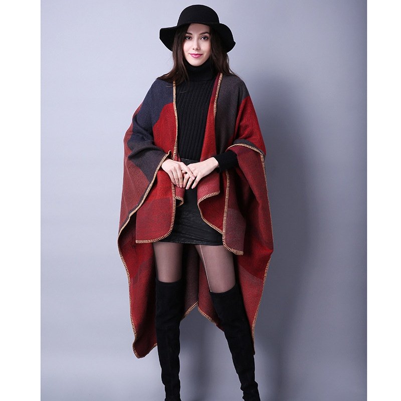 Women's Fall Winter Square Wool Scarf Ethnic Imitation Cashmere Travel Shawl Easy Match Plaid Slit Thickened Cloak Fashionexport