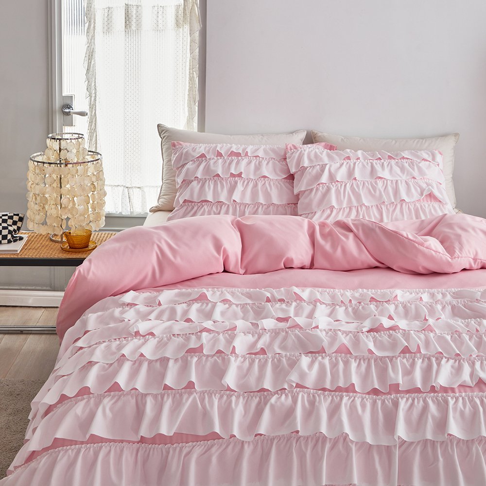 Cozy Comforter Casual Waterfall Multi Layer Ruffle All Season cover Soft Bedding Set with Matching Sham, Decorative Pillow