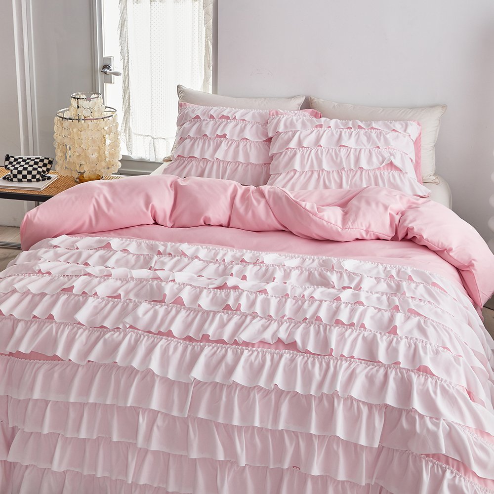 Cozy Comforter Casual Waterfall Multi Layer Ruffle All Season cover Soft Bedding Set with Matching Sham, Decorative Pillow