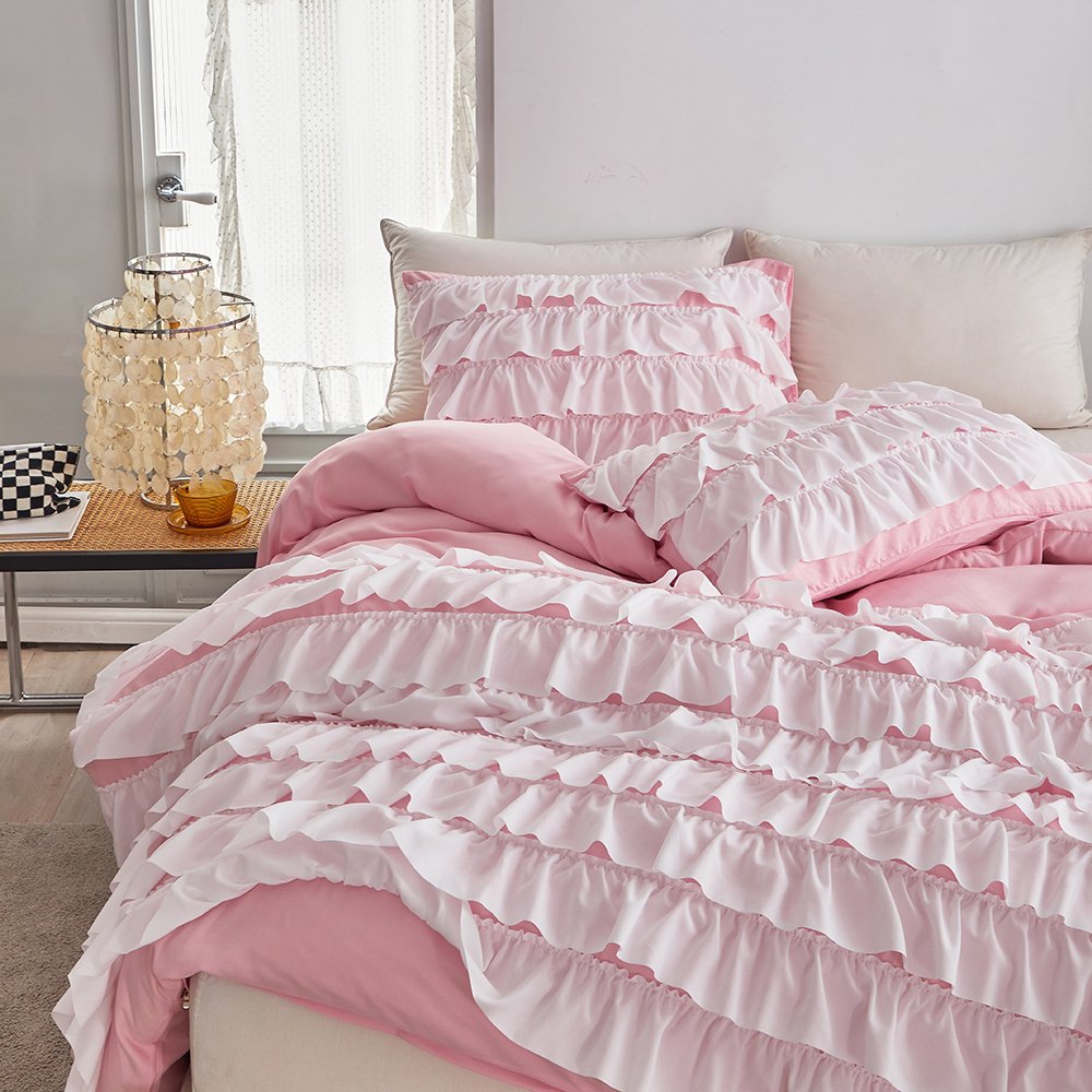 Cozy Comforter Casual Waterfall Multi Layer Ruffle All Season cover Soft Bedding Set with Matching Sham, Decorative Pillow