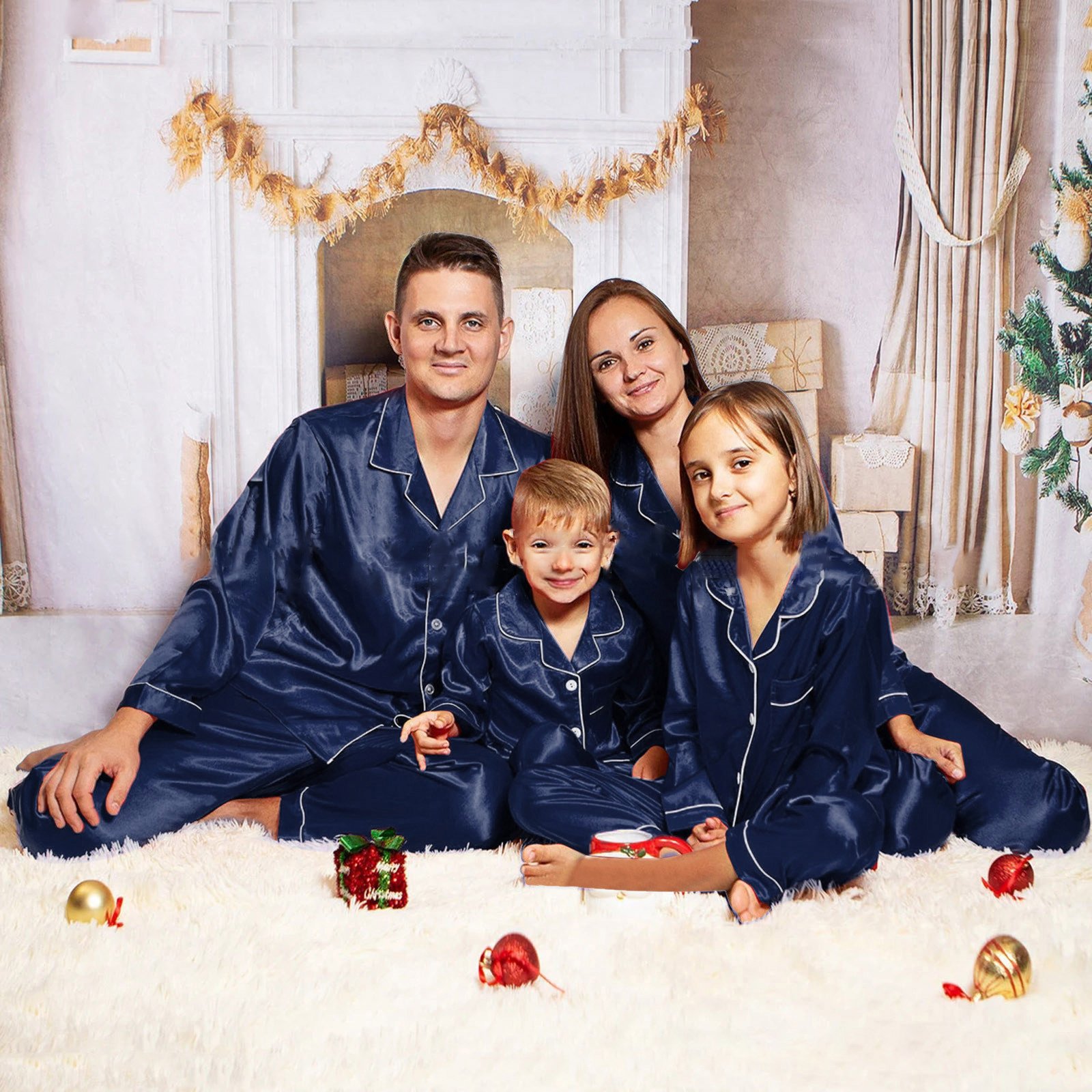 Quality Adults Kids Custom 2 Piece Sleepwear Christmas Party Set Women PJS Set Silk Satin Christmas Family Pajamas Matching Sets