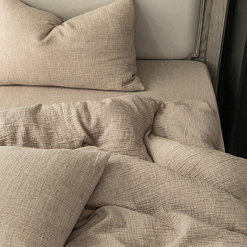 Modern simple Plain cotton and linen double yarn 4pcs Bed Sheet Quilt Cover pillowcases Solid color washable pleats bedding set