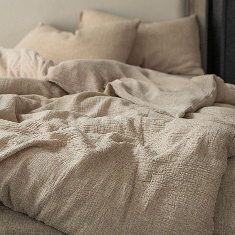 Modern simple Plain cotton and linen double yarn 4pcs Bed Sheet Quilt Cover pillowcases Solid color washable pleats bedding set