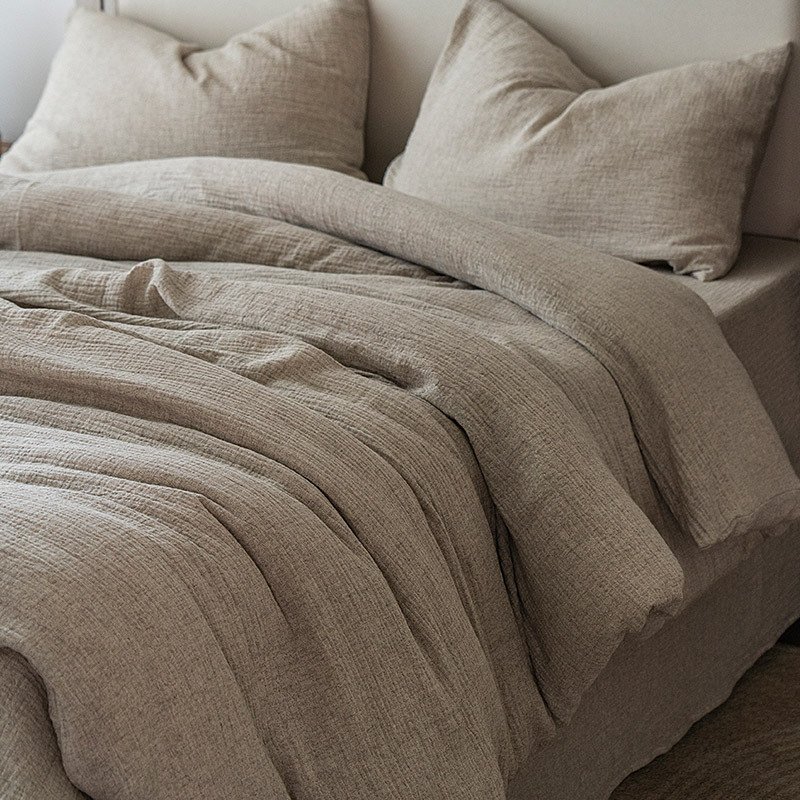 Modern simple Plain cotton and linen double yarn 4pcs Bed Sheet Quilt Cover pillowcases Solid color washable pleats bedding set