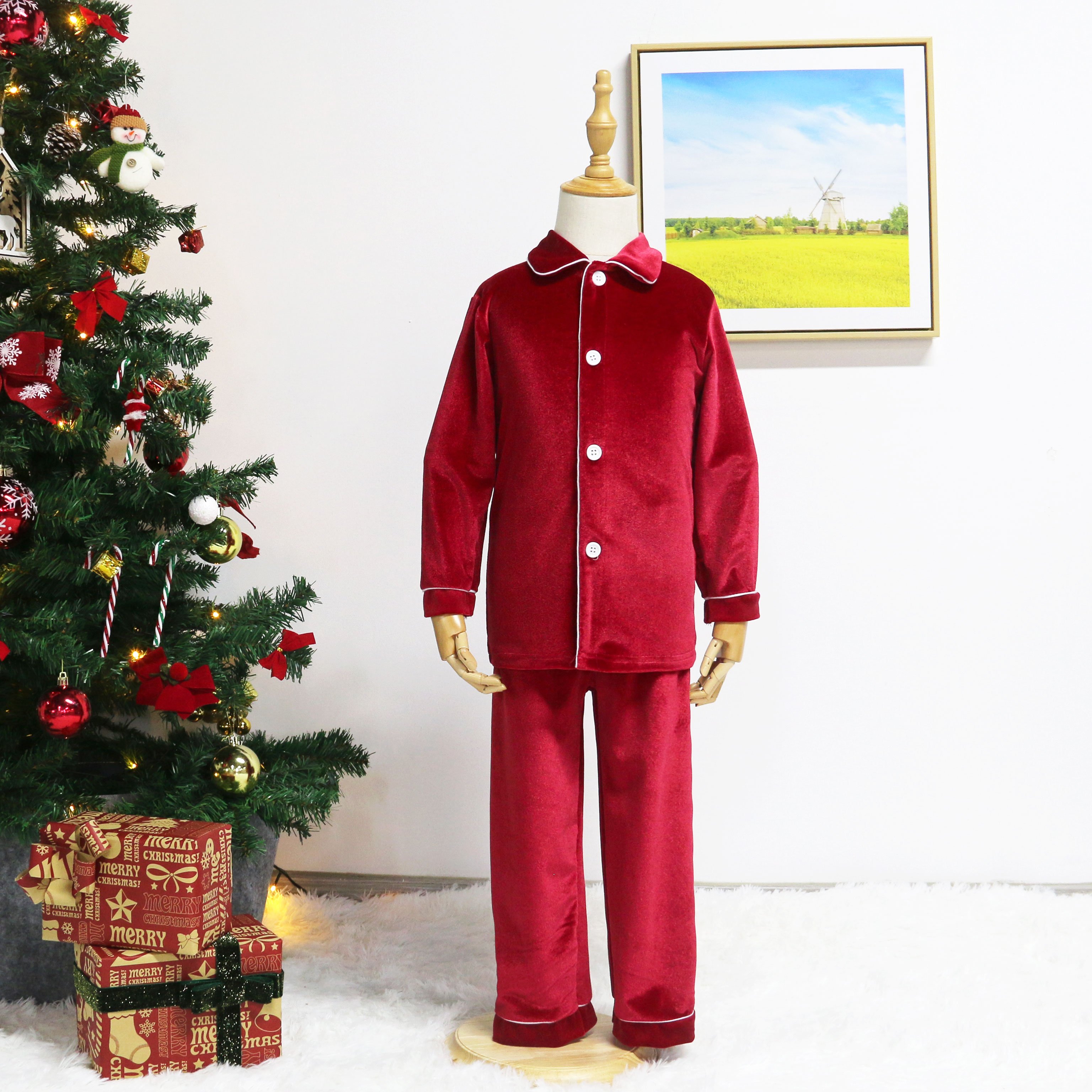 RTS red velvet pyjamas family matching pjs women and men clothes baby boy and girl Christmas pajamas