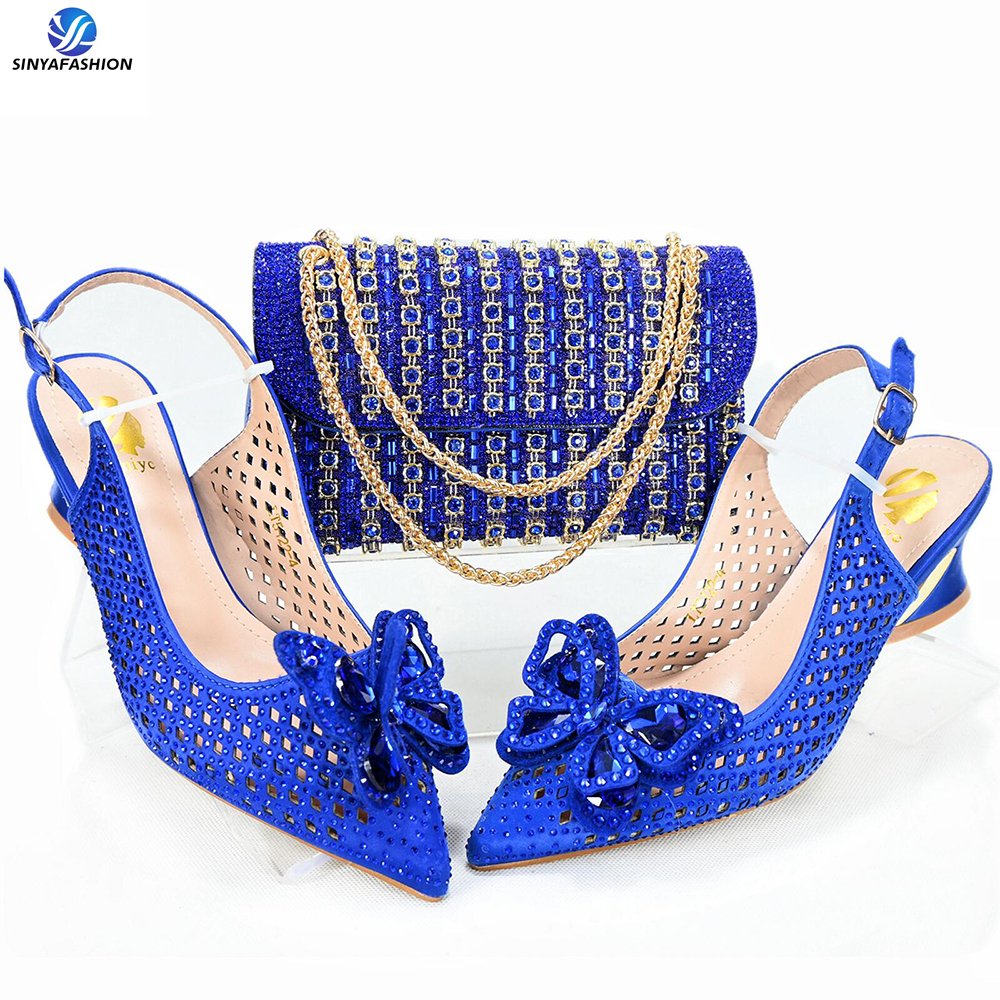 Sinya Luxury Wine Low Heel Italian Women Crystal Wedding Party Shoes And Matching Bags Set For African Women