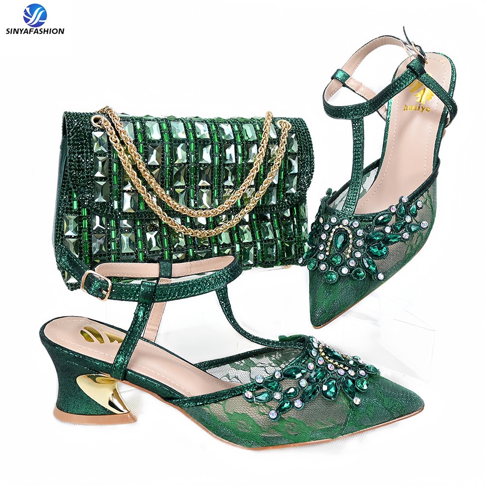 Sinya Luxury Wine Low Heel Italian Women Crystal Wedding Party Shoes And Matching Bags Set For African Women