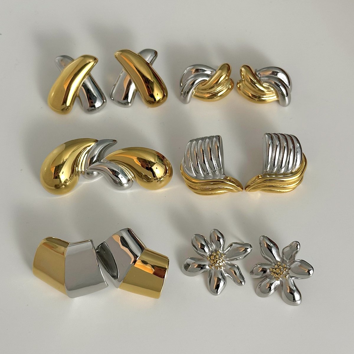 J&D 18K Stainless Steel PVD Plated Gold And Silver Color Matching Striped Texture Staggered Earrings For Women