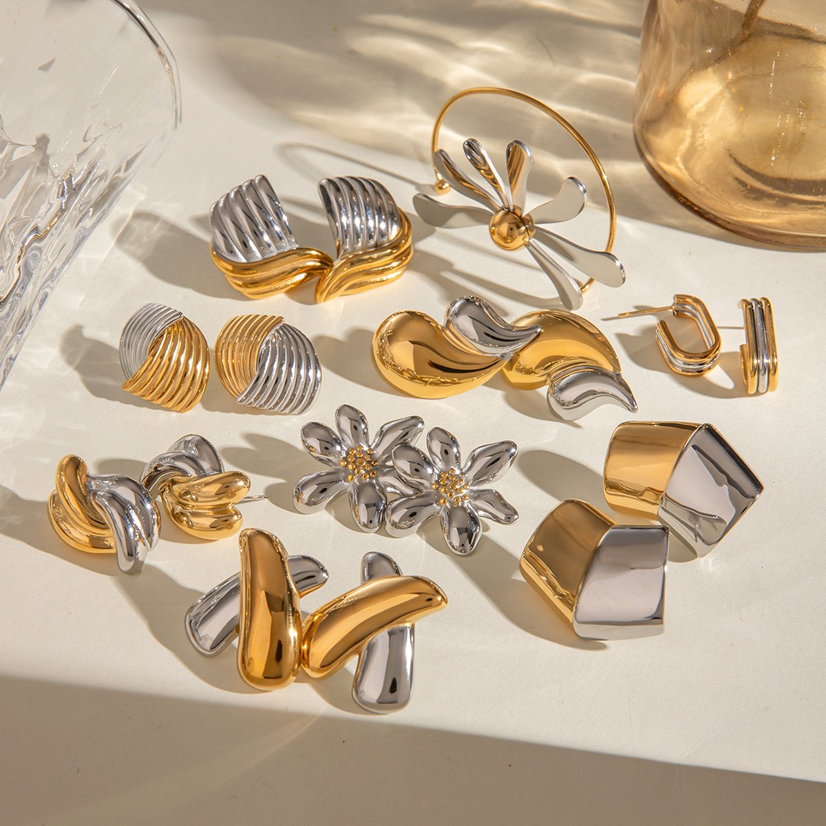 J&D 18K Stainless Steel PVD Plated Gold And Silver Color Matching Striped Texture Staggered Earrings For Women