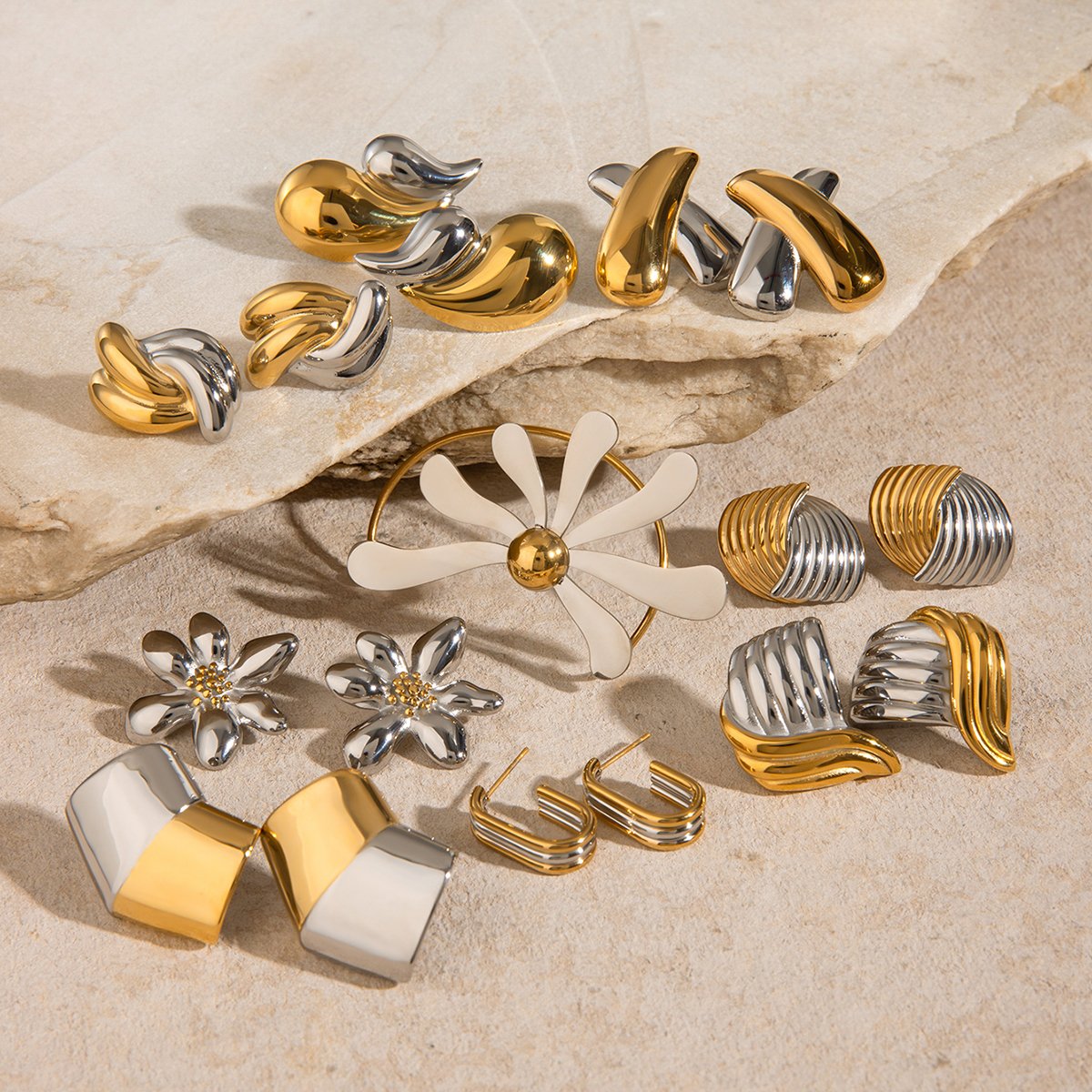 J&D 18K Stainless Steel PVD Plated Gold And Silver Color Matching Striped Texture Staggered Earrings For Women