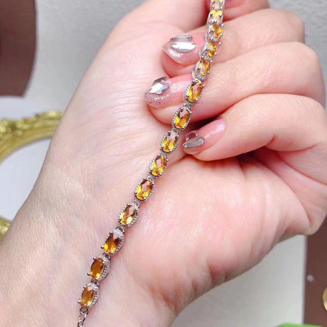 New Design Luxury 925 Sterling Silver Oval Cut Natural Citrine Matching Zircon Adjustable Women Bracelet