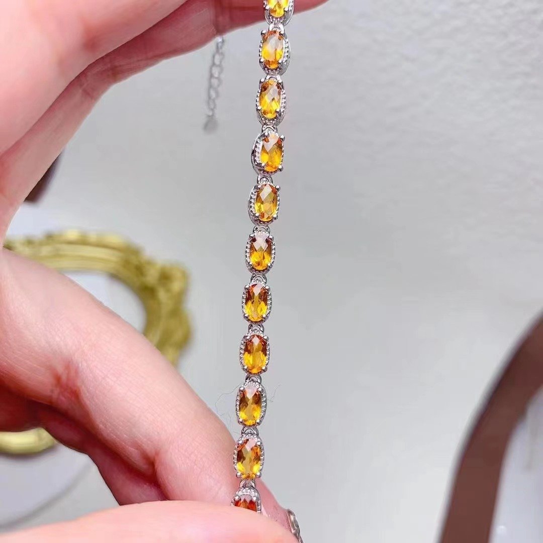 New Design Luxury 925 Sterling Silver Oval Cut Natural Citrine Matching Zircon Adjustable Women Bracelet