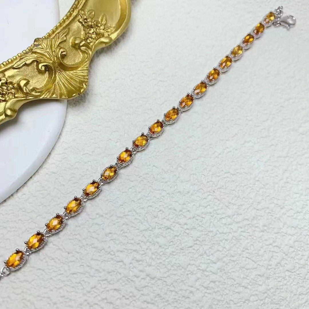 New Design Luxury 925 Sterling Silver Oval Cut Natural Citrine Matching Zircon Adjustable Women Bracelet