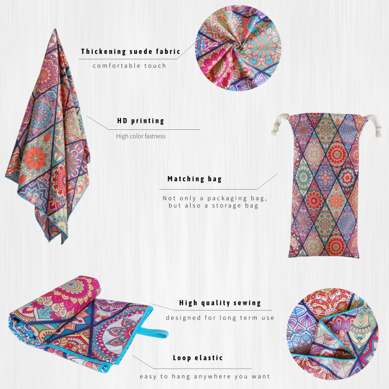 Hot Selling boho quick dry Suede Microfiber Two Side Printed recycled plastic sand free beach towel with matching bag