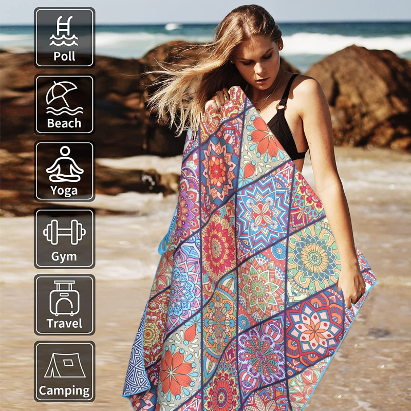 Hot Selling boho quick dry Suede Microfiber Two Side Printed recycled plastic sand free beach towel with matching bag