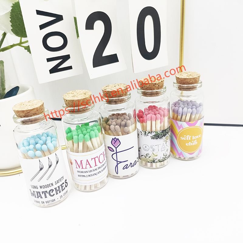 Wholesale Customized Deluxe Wooden Matchsticks with Logo Glass Bottle Safety Matches Long Stained Glass Jar Bulk Matches