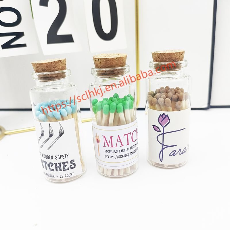Wholesale Customized Deluxe Wooden Matchsticks with Logo Glass Bottle Safety Matches Long Stained Glass Jar Bulk Matches