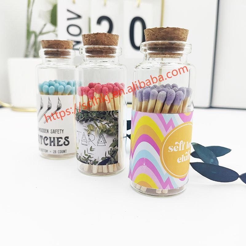 Wholesale Customized Deluxe Wooden Matchsticks with Logo Glass Bottle Safety Matches Long Stained Glass Jar Bulk Matches