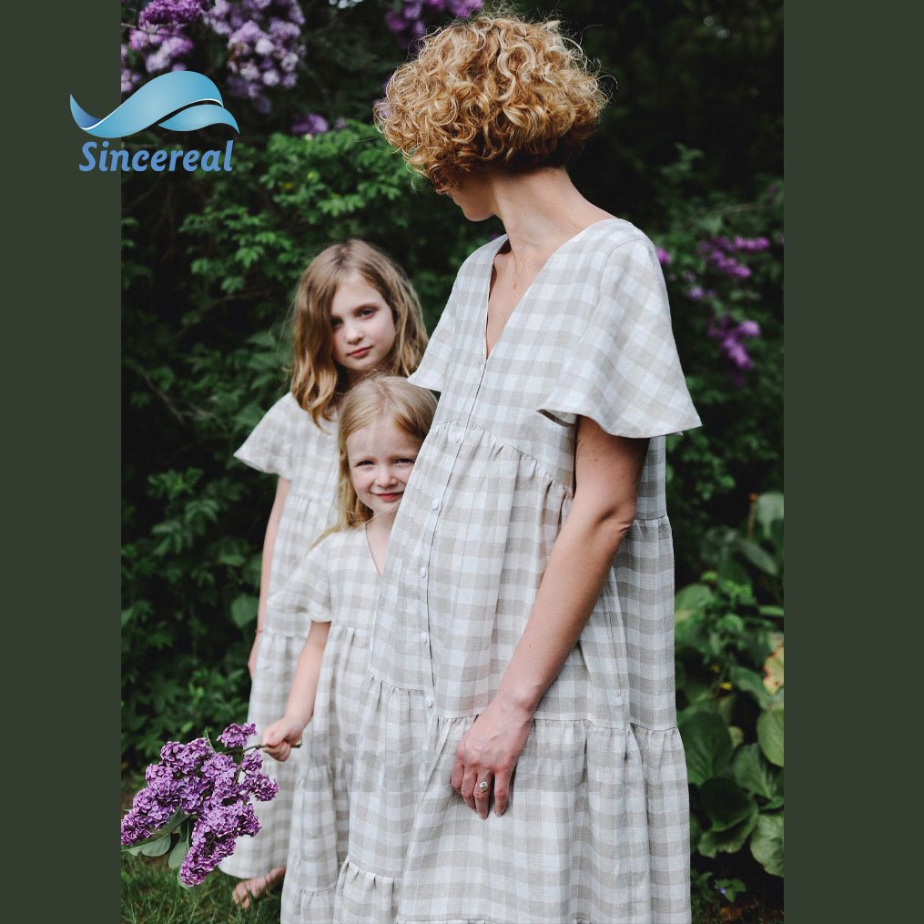 Wholesale custom high quality summer Ruffle Puff Sleeve offon mommy and me matching outfits checkered linen dress