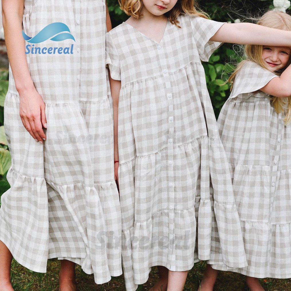 Wholesale custom high quality summer Ruffle Puff Sleeve offon mommy and me matching outfits checkered linen dress