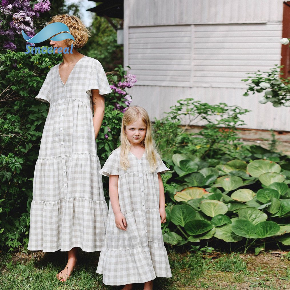 Wholesale custom high quality summer Ruffle Puff Sleeve offon mommy and me matching outfits checkered linen dress