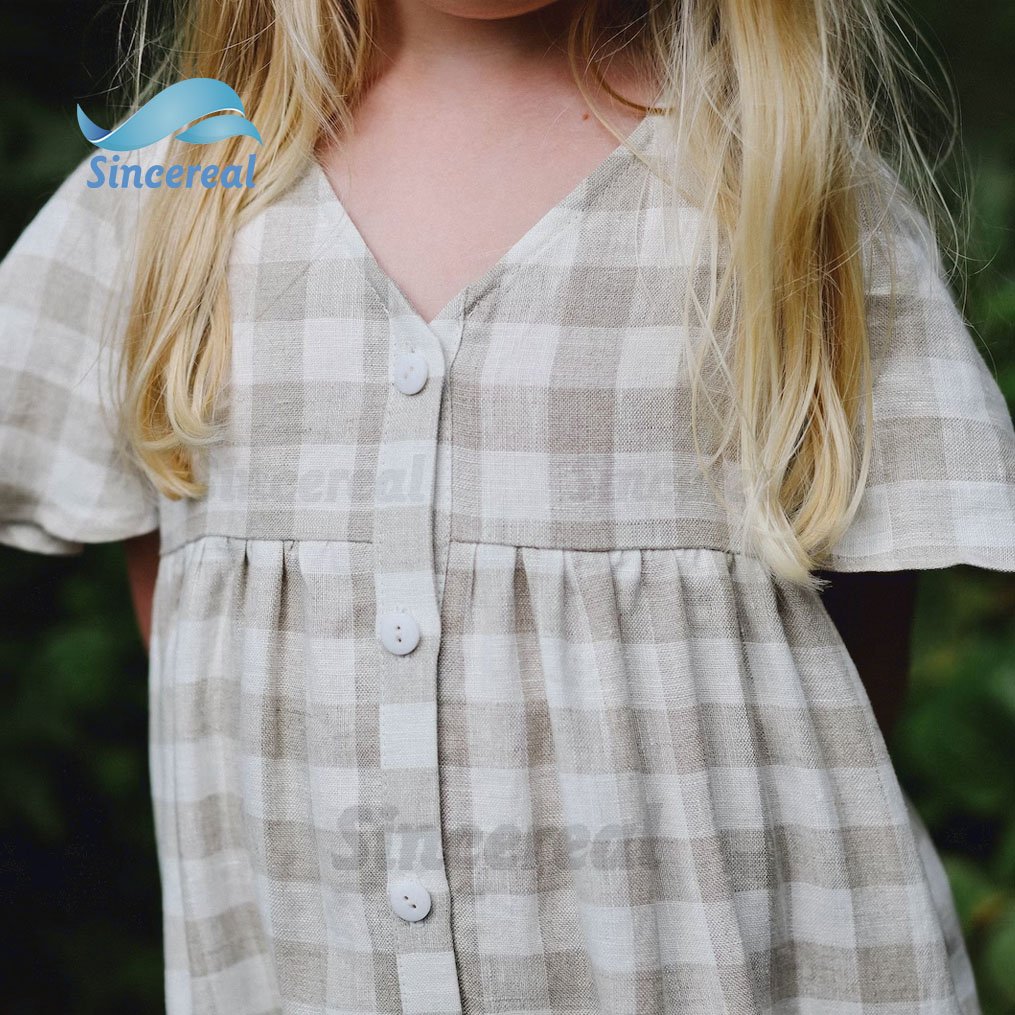 Wholesale custom high quality summer Ruffle Puff Sleeve offon mommy and me matching outfits checkered linen dress