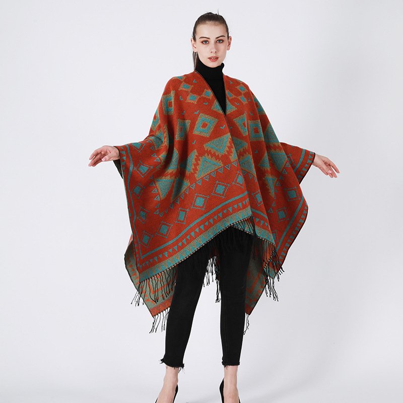 High quality Ethnic Style Cape Women Warm geometric Poncho Autumn Winter all-match Plaid Ladies Travel Shawl Wool